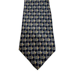 Villa Bugatti Mens Silk Necktie Navy Gold Geometric Diamond Pattern Made In USA
